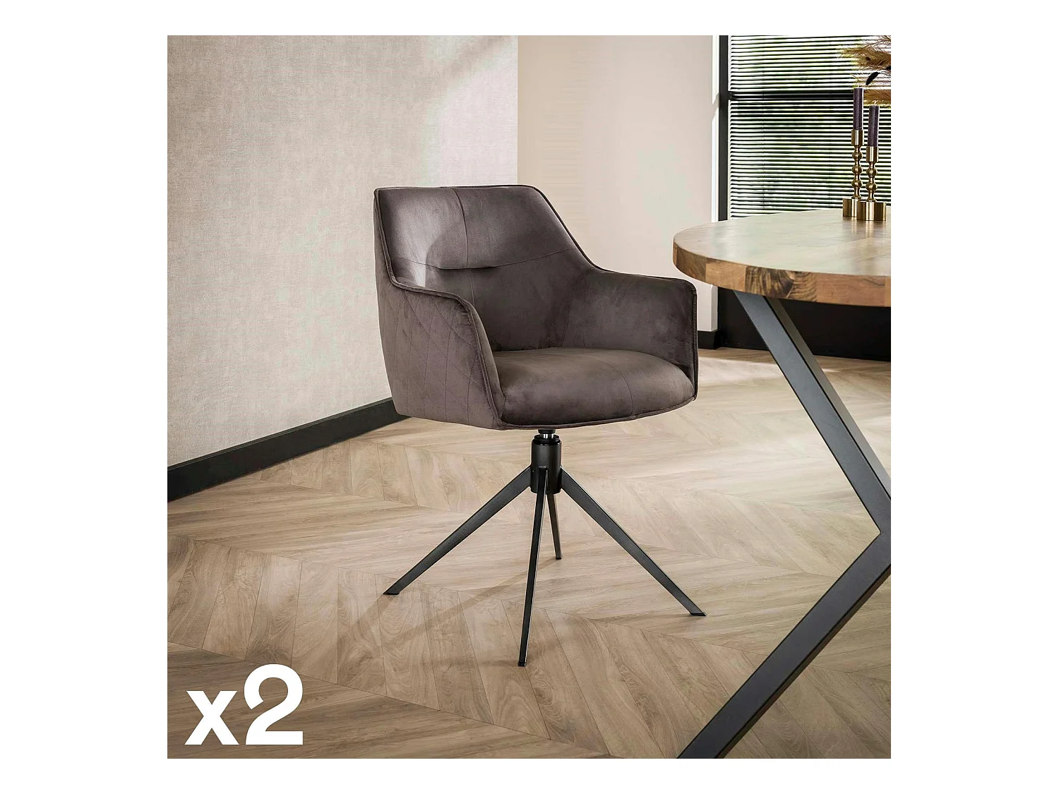 Fauteuil de table pivotant en velours gris motif damier (lot de 2) MELBOURNE