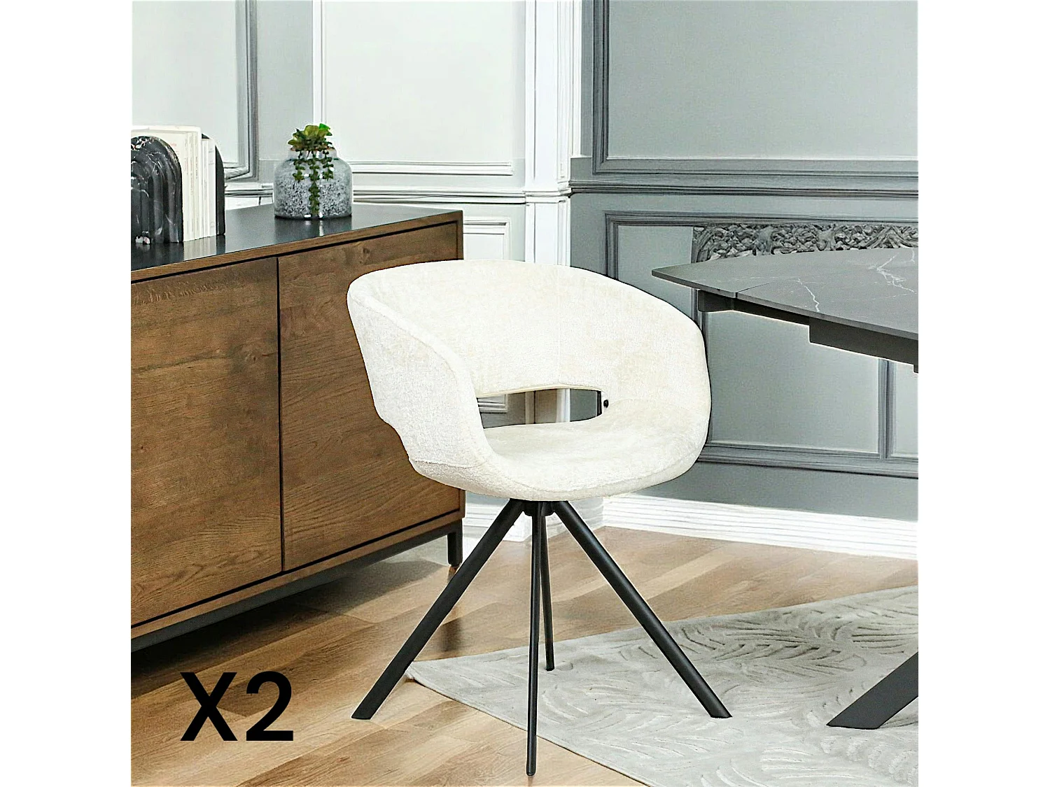 Fauteuil de table contemporain velours ecru (lot de 2) FLORENCE