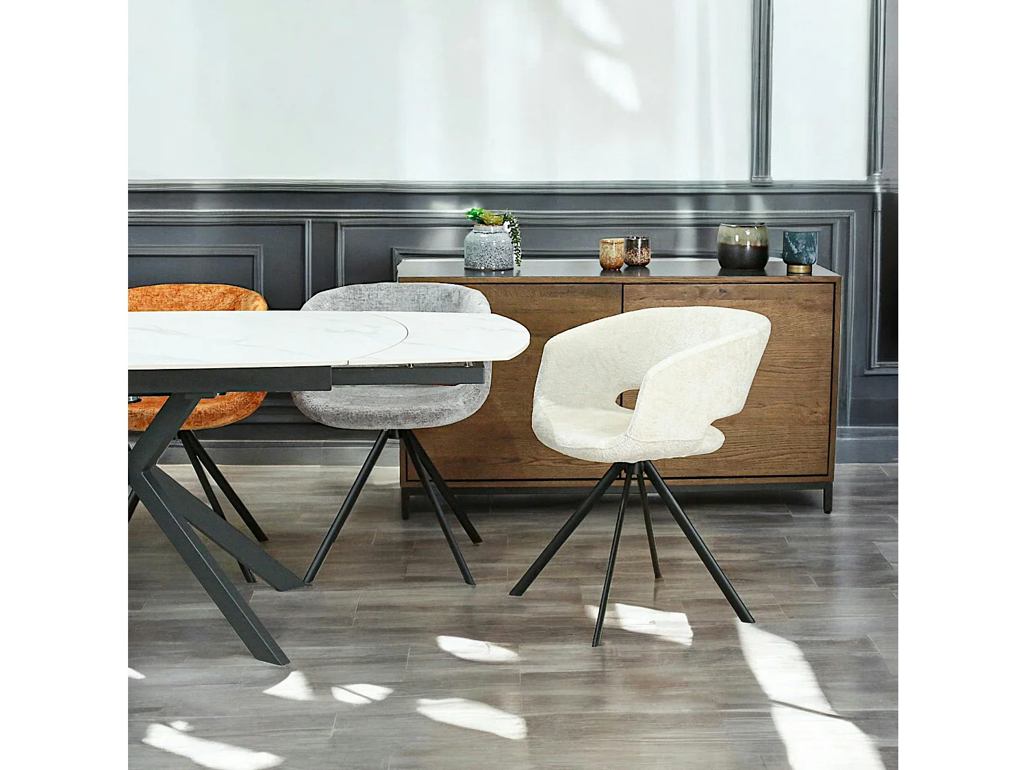 Fauteuil de table contemporain velours ecru (lot de 2) FLORENCE