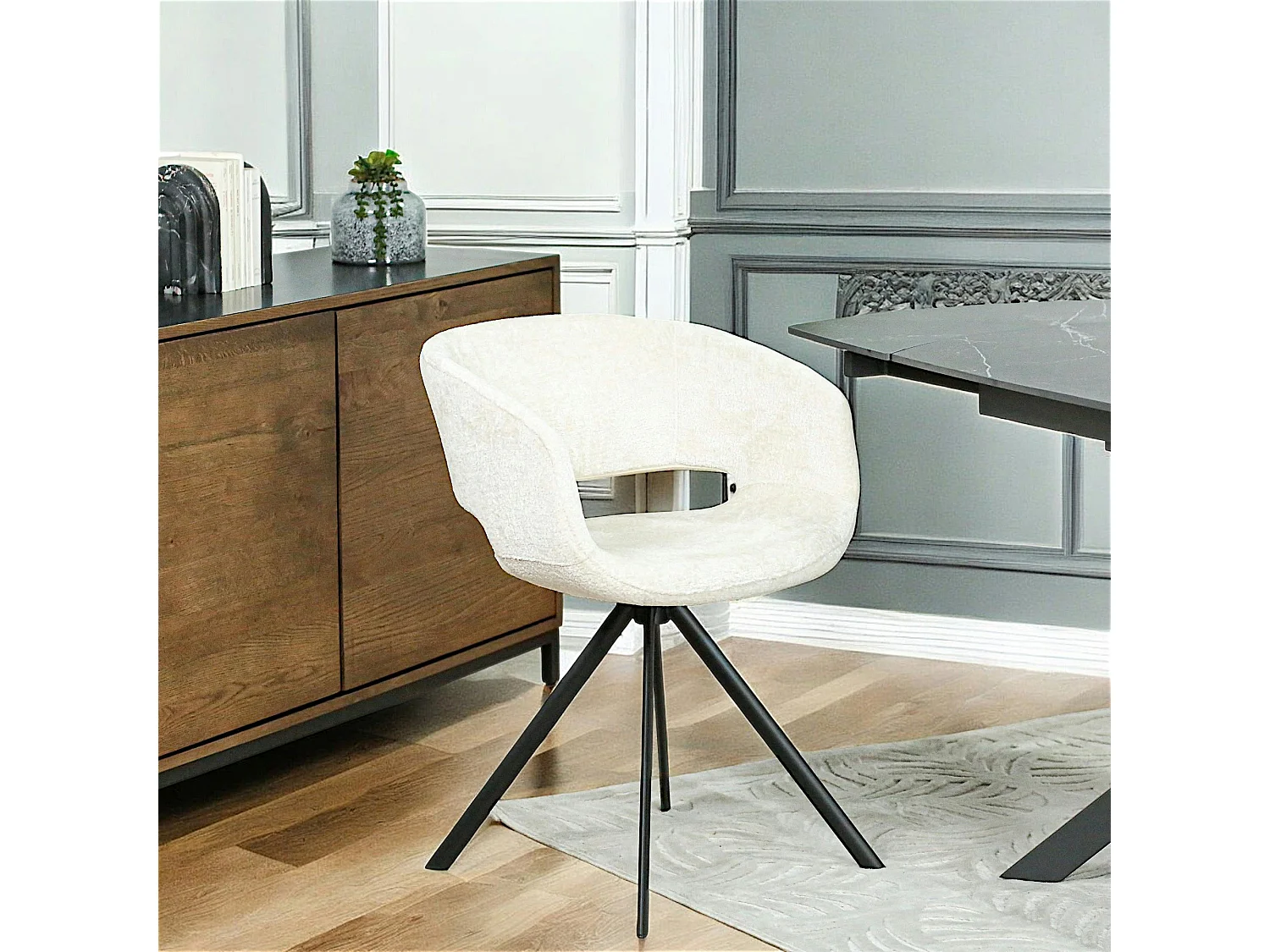 Fauteuil de table contemporain velours ecru (lot de 2) FLORENCE