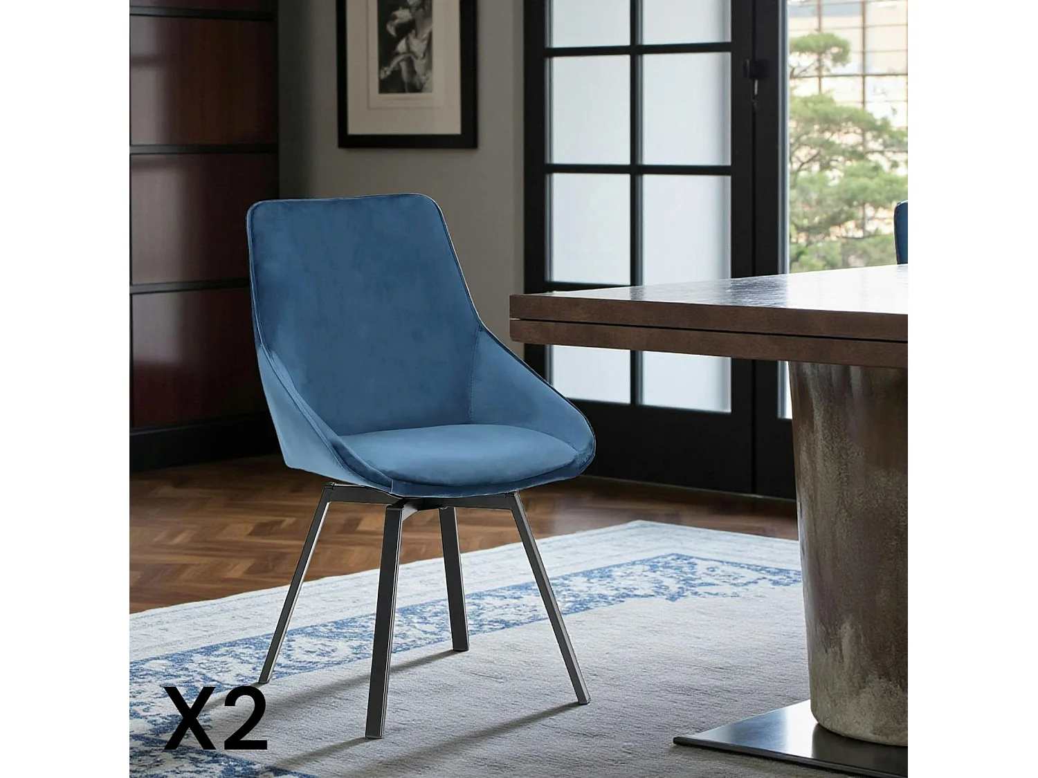 Chaise pivotante moderne en velours bleu OKA (Lot de 2)