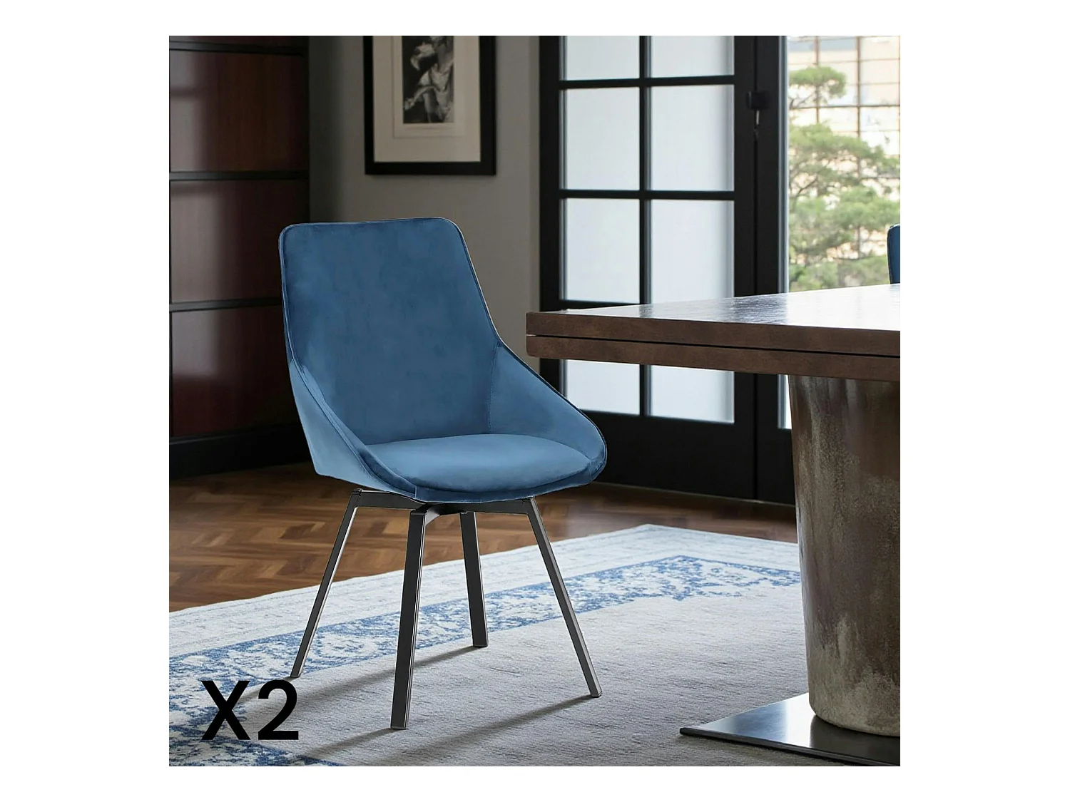 Chaise pivotante moderne en velours bleu OKA (Lot de 2)