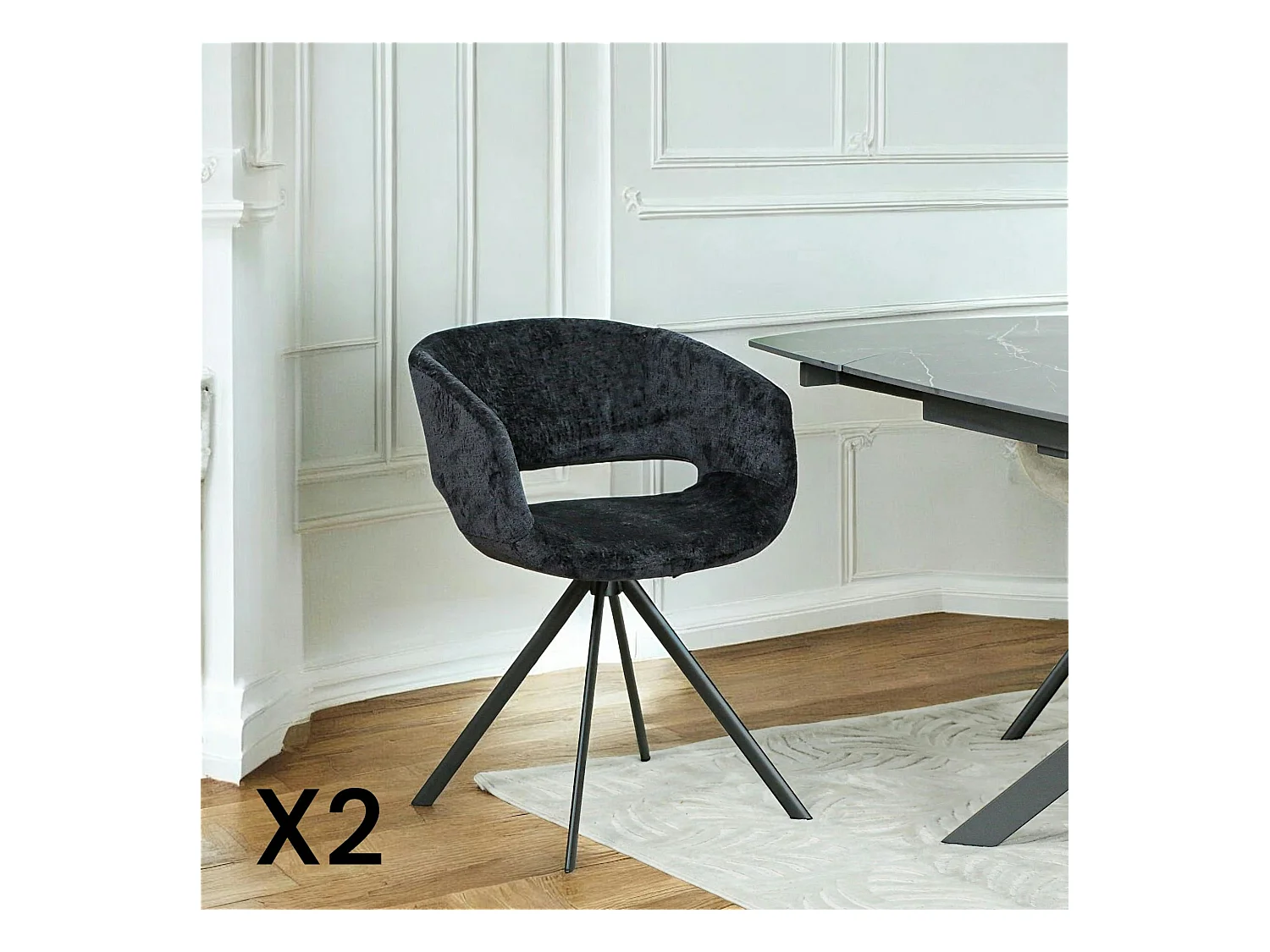 Fauteuil de table contemporain velours noir (lot de 2) FLORENCE