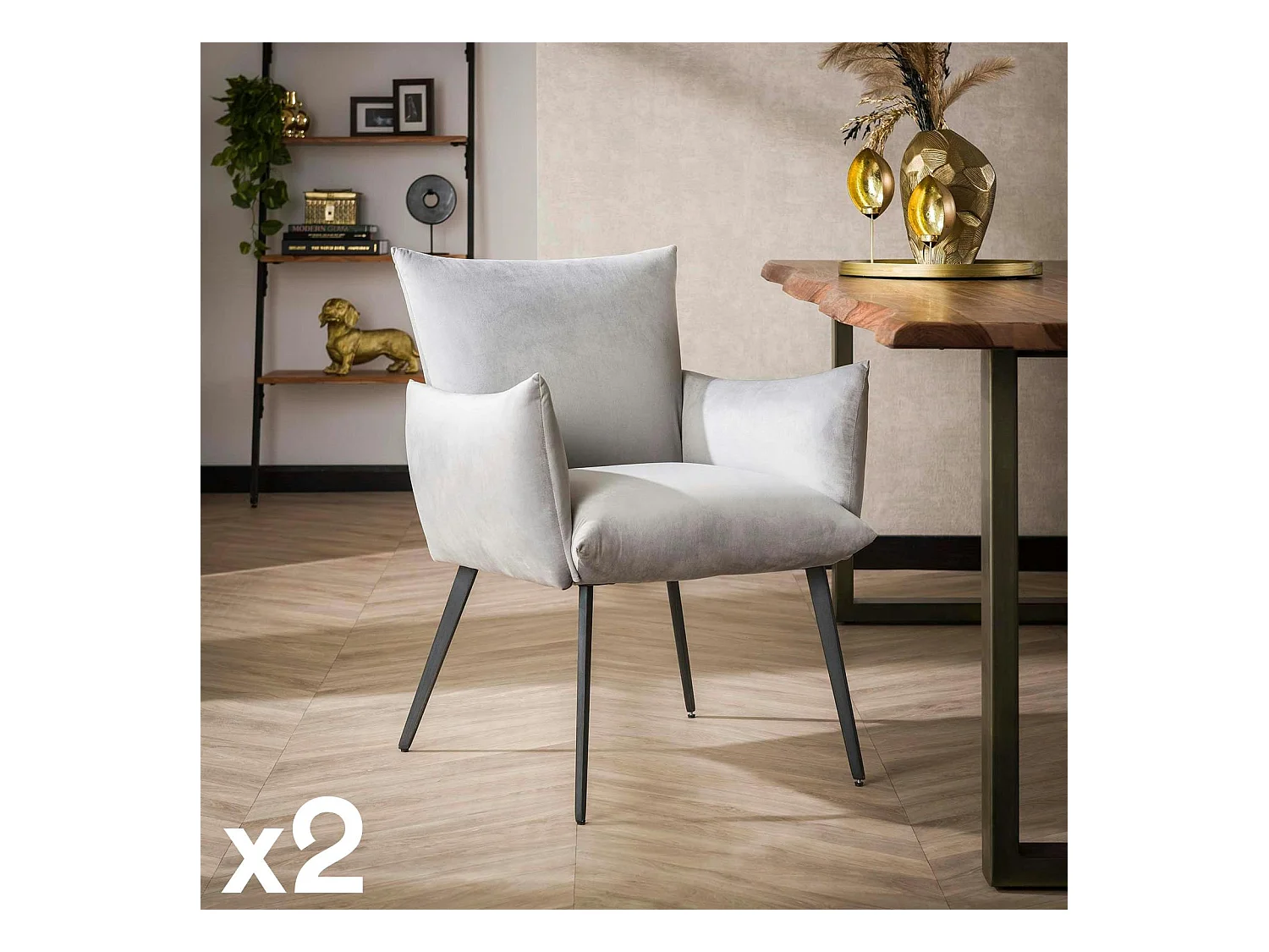 Fauteuil de table en velours gris clair effet coussin (lot de 2) MELBOURNE