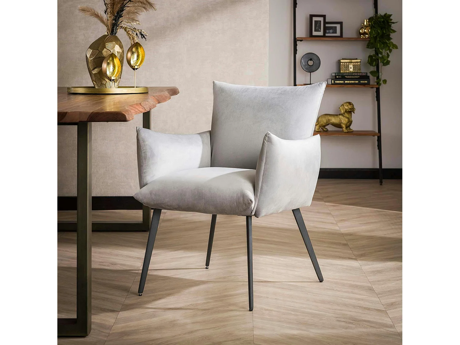 Fauteuil de table en velours gris clair effet coussin (lot de 2) MELBOURNE