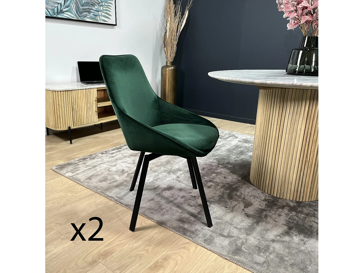 Chaise pivotante moderne en velours vert OKA (Lot de 2)