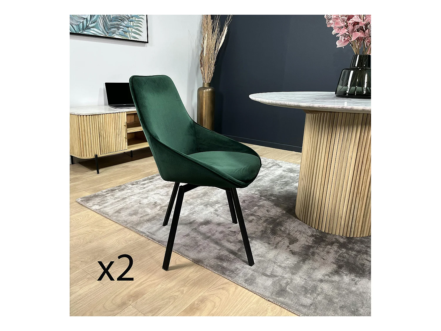 Chaise pivotante moderne en velours vert OKA (Lot de 2)