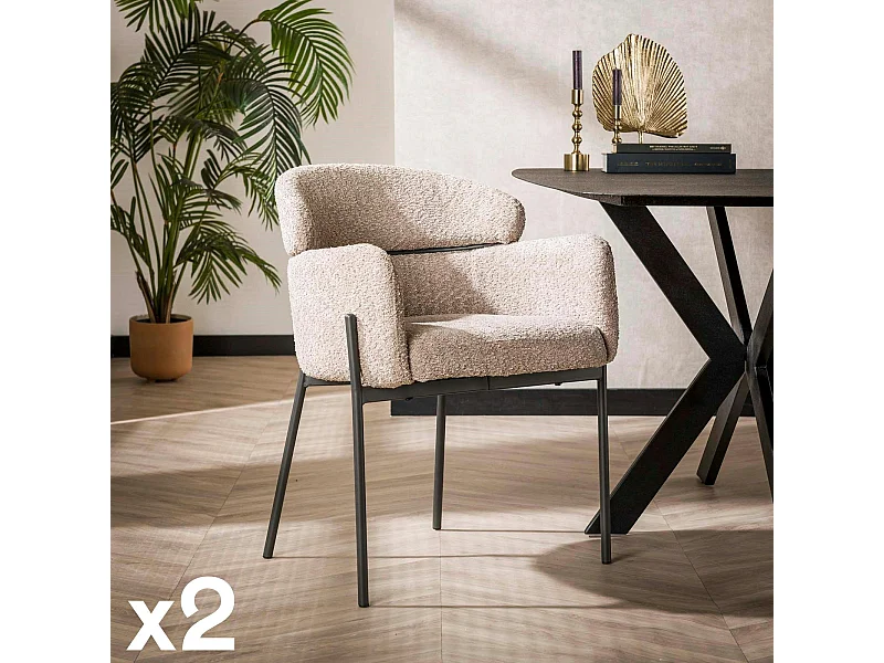 Fauteuil de table beige sable en bouclette dossier haut (lot de 2) GALWAY
