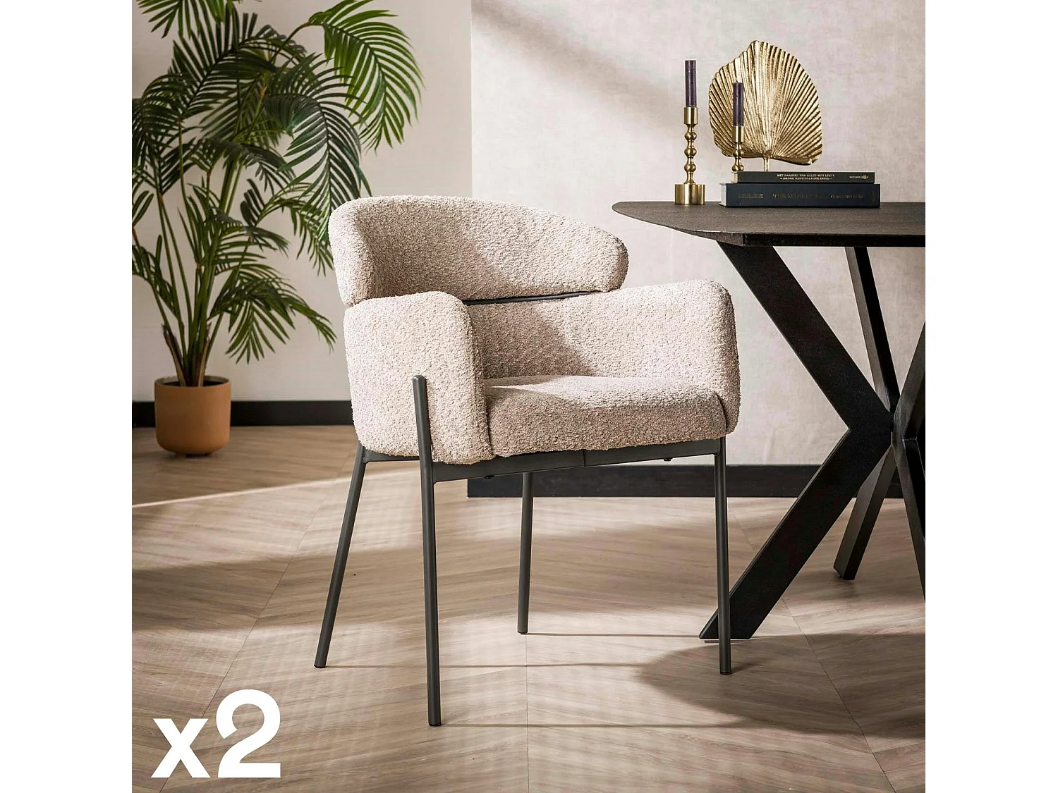 Fauteuil de table beige sable en bouclette dossier haut (lot de 2) GALWAY