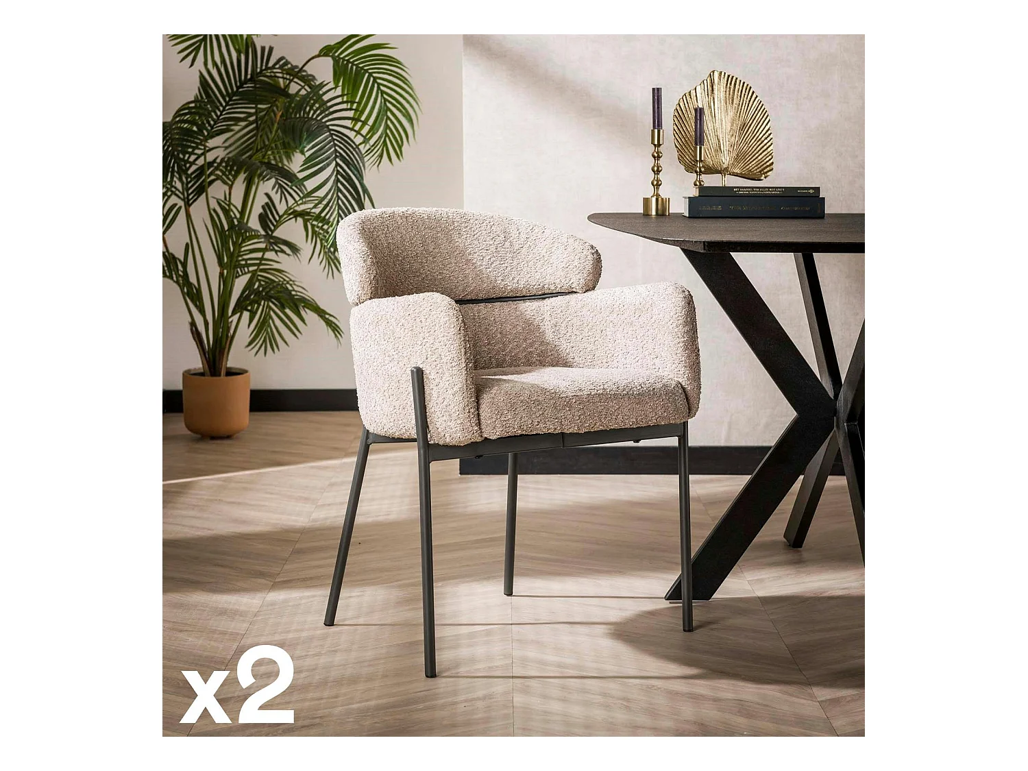 Fauteuil de table beige sable en bouclette dossier haut (lot de 2) GALWAY