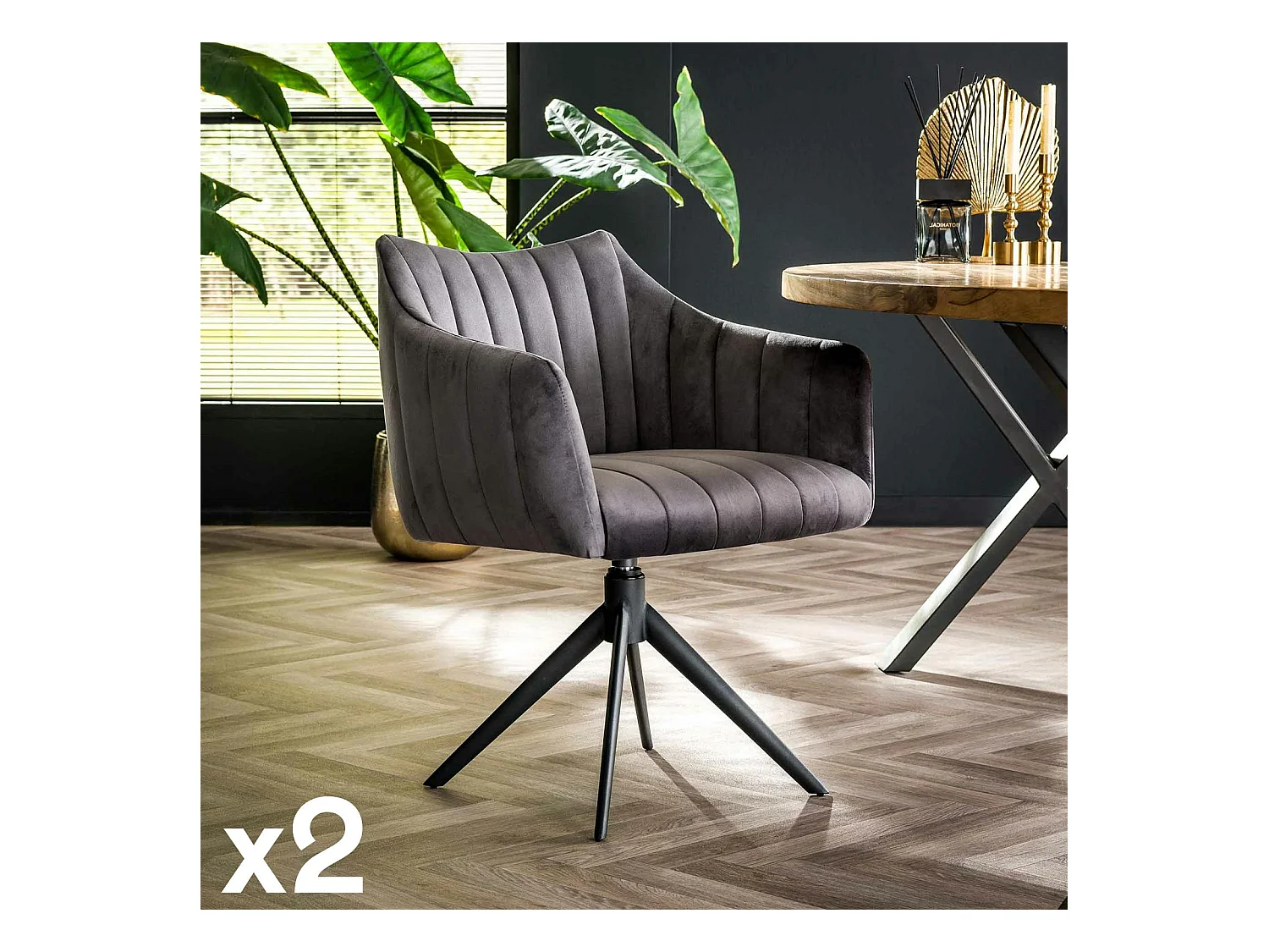 Fauteuil pivotant de table en velours gris à larges bandes (lot de 2) MELBOURNE