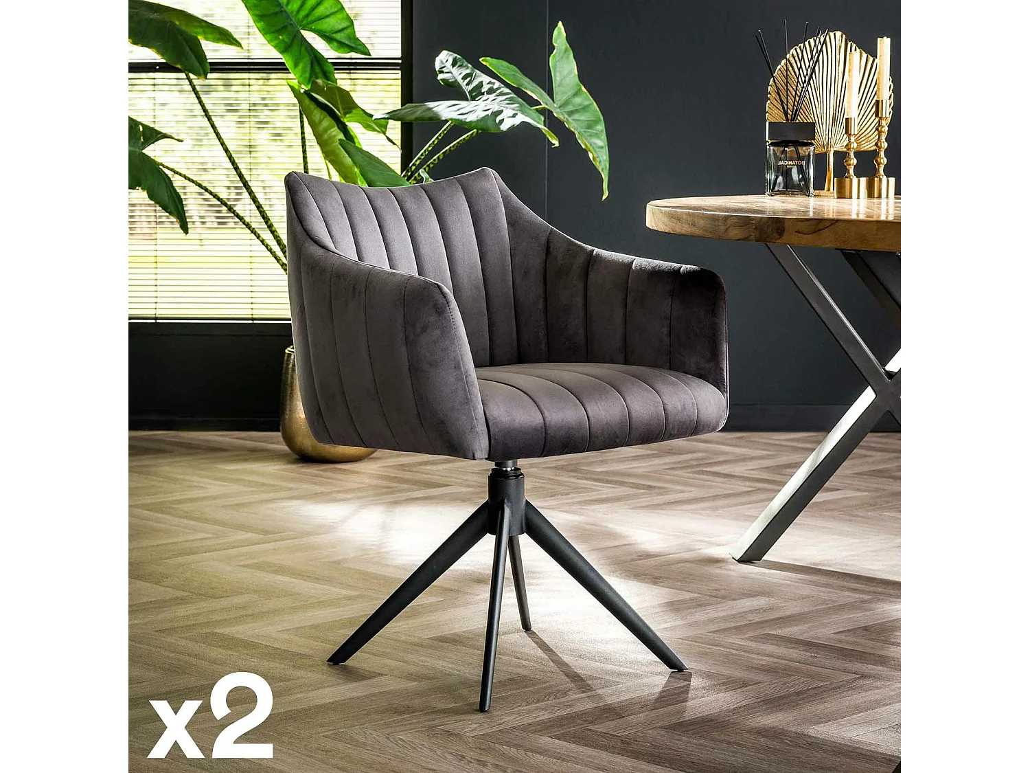 Fauteuil pivotant de table en velours gris à larges bandes (lot de 2) MELBOURNE