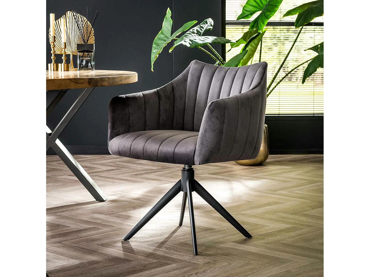Fauteuil pivotant de table en velours gris à larges bandes (lot de 2) MELBOURNE