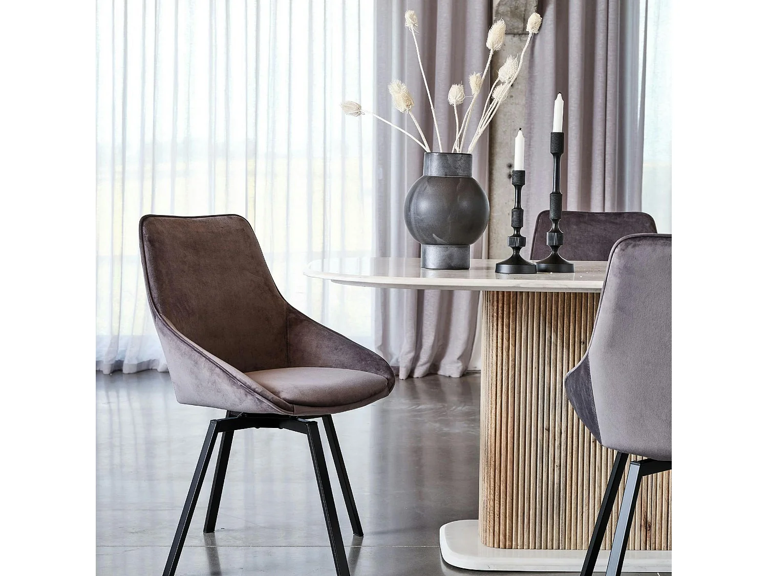 Chaise pivotante moderne en velours gris OKA (Lot de 2)