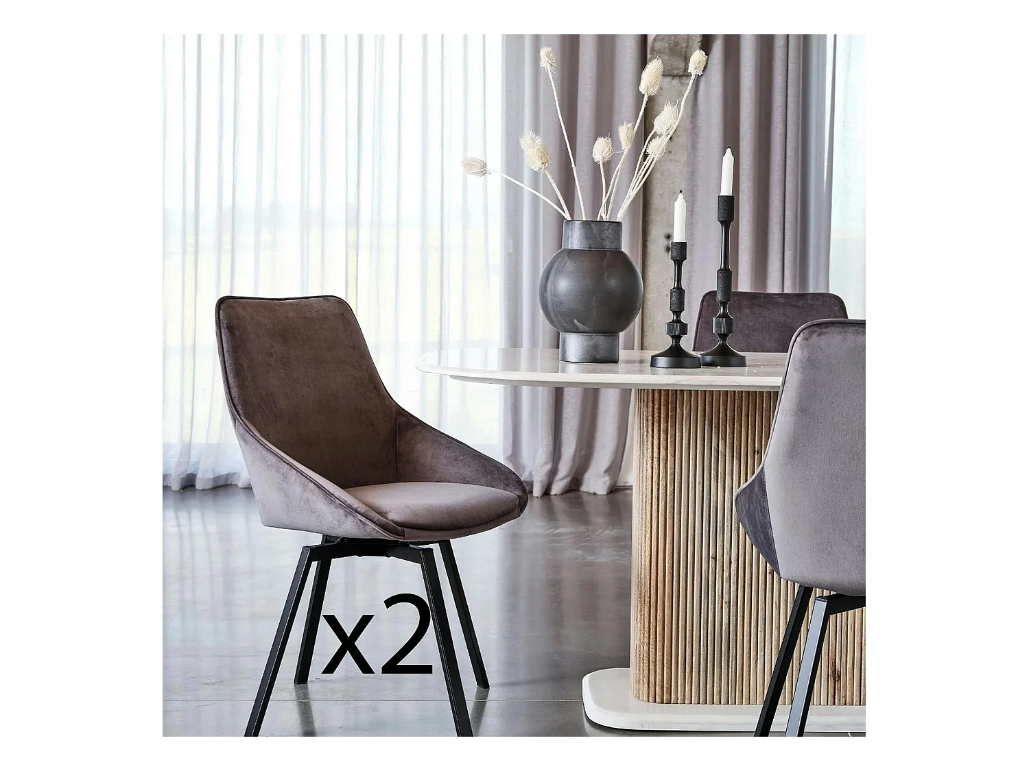 Chaise pivotante moderne en velours gris OKA (Lot de 2)