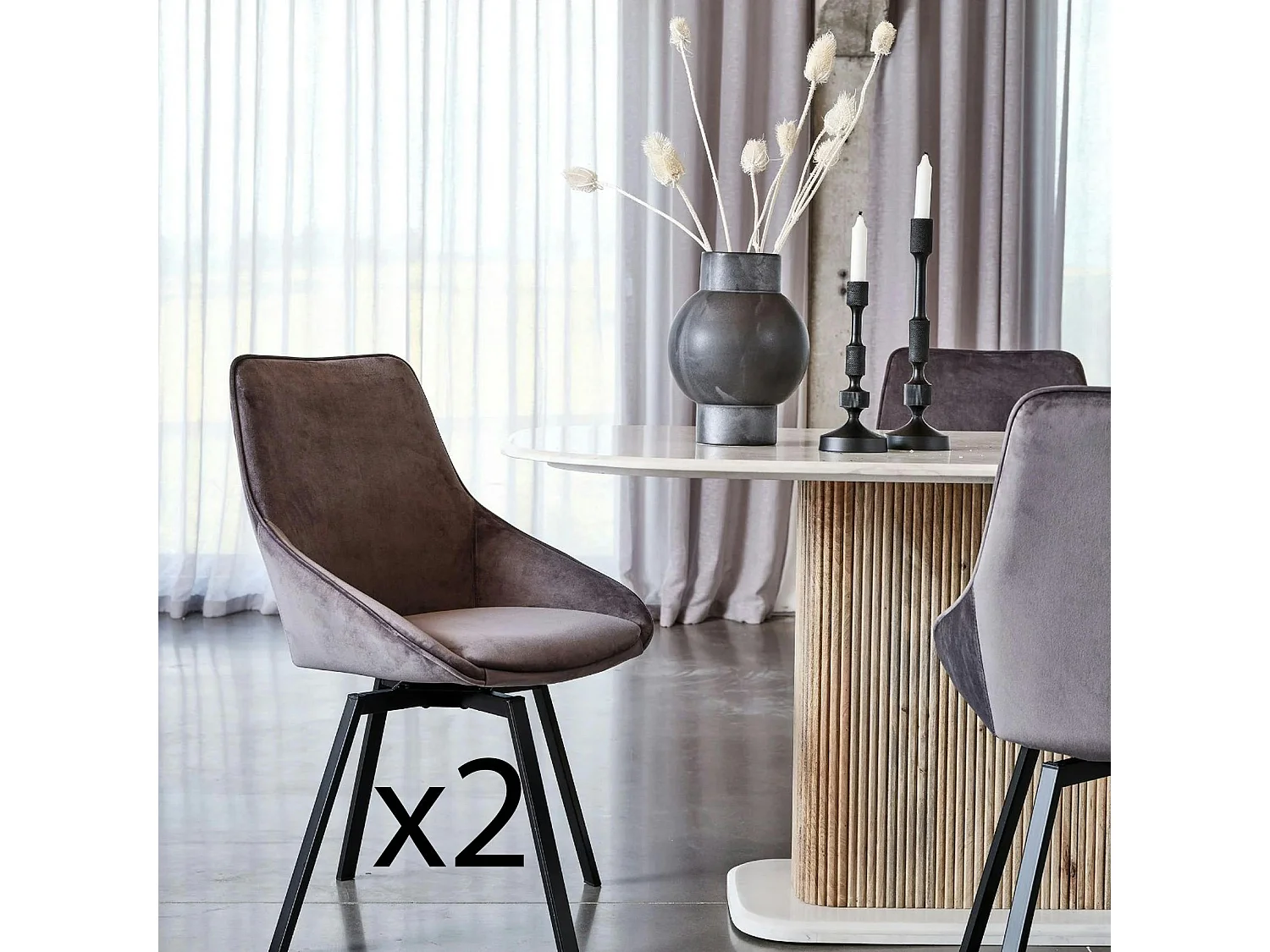 Chaise pivotante moderne en velours gris OKA (Lot de 2)