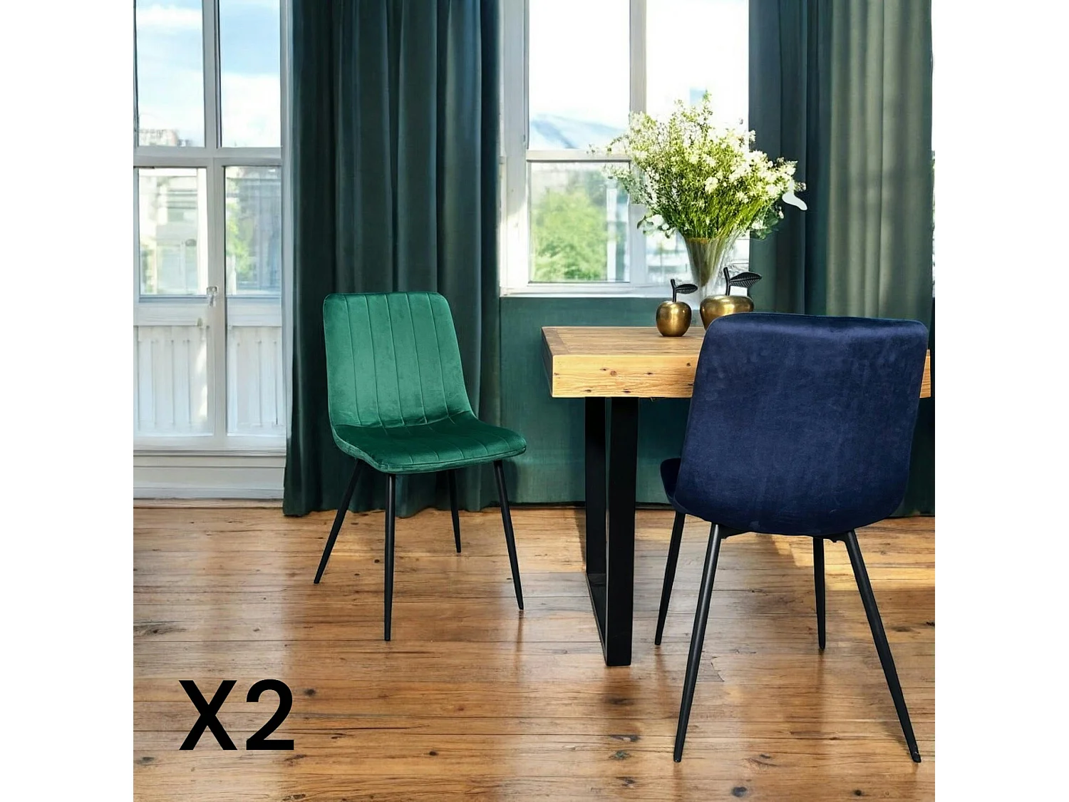 Chaise à rayures velours vert sapin (lot de 2) MALANG