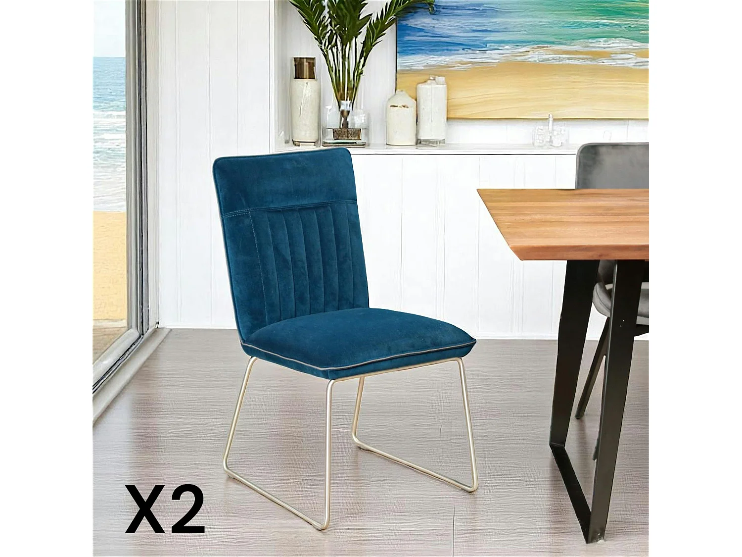 Chaise de salle à manger velours bleu (lot de 2) OKA