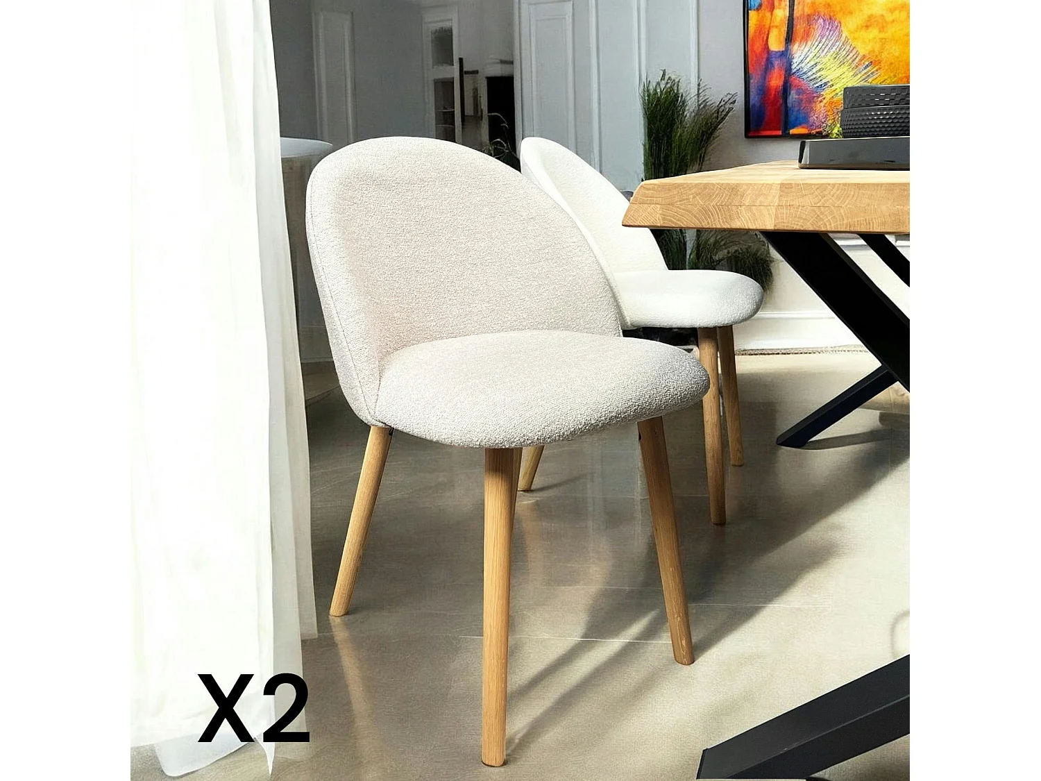 Chaise scandinave en bois et bouclette taupe (lot de 2) ETNA