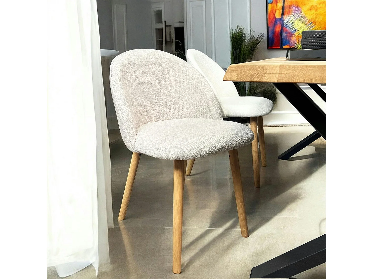 Chaise scandinave en bois et bouclette taupe (lot de 2) ETNA