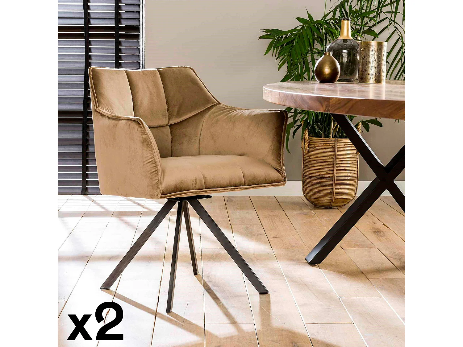 Fauteuil pivotant velours beige pied étoile MELBOURNE (lot de 2)