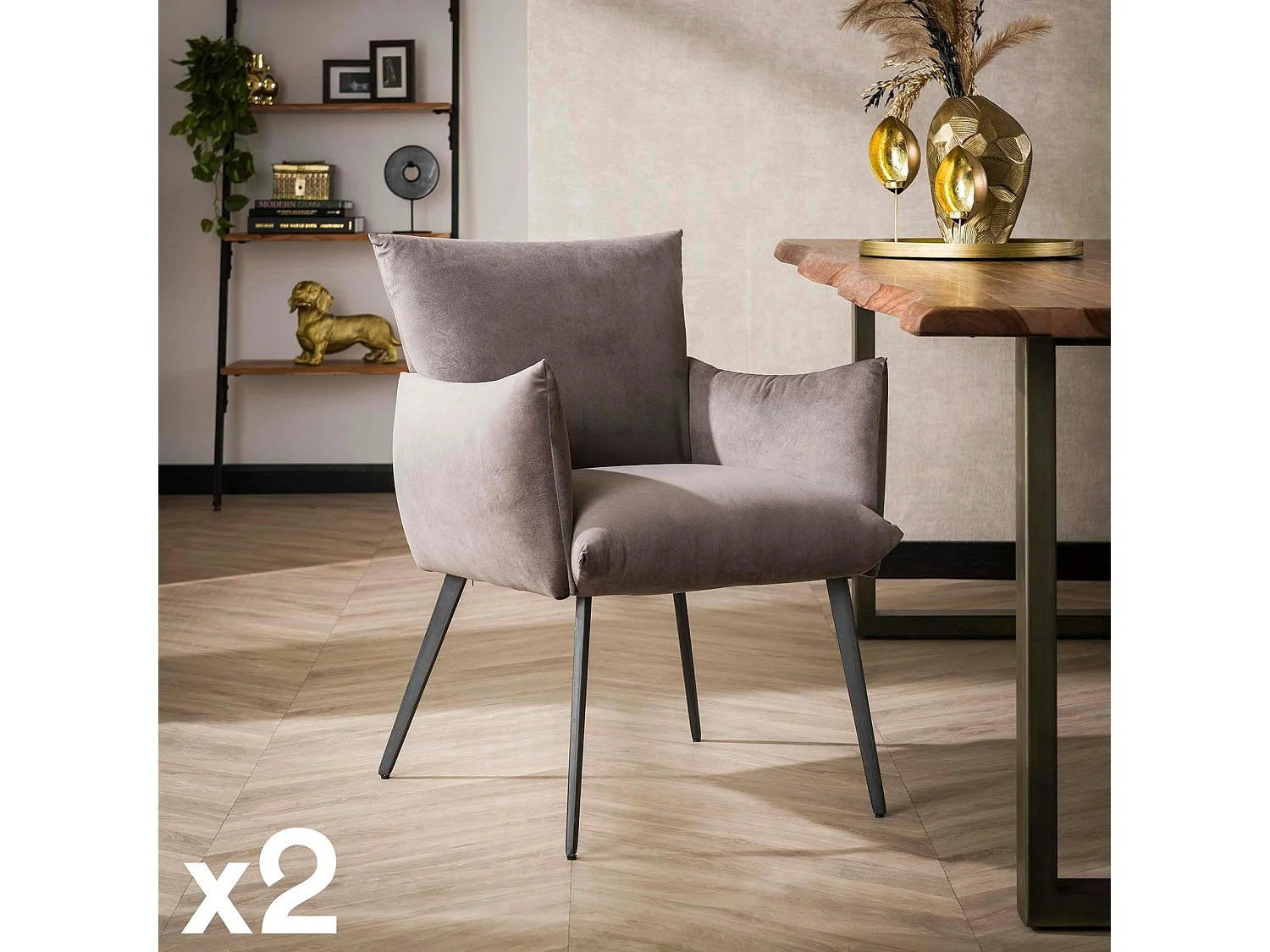 Fauteuil de table en velours gris effet coussin (lot de 2) MELBOURNE