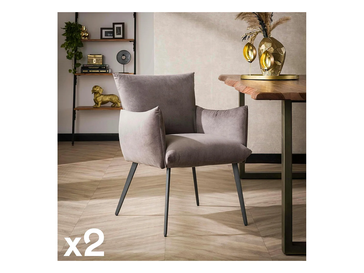 Fauteuil de table en velours gris effet coussin (lot de 2) MELBOURNE