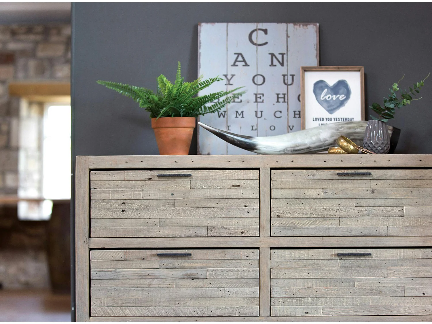 Commode bois recyclé grisé 6 tiroirs SIENNE
