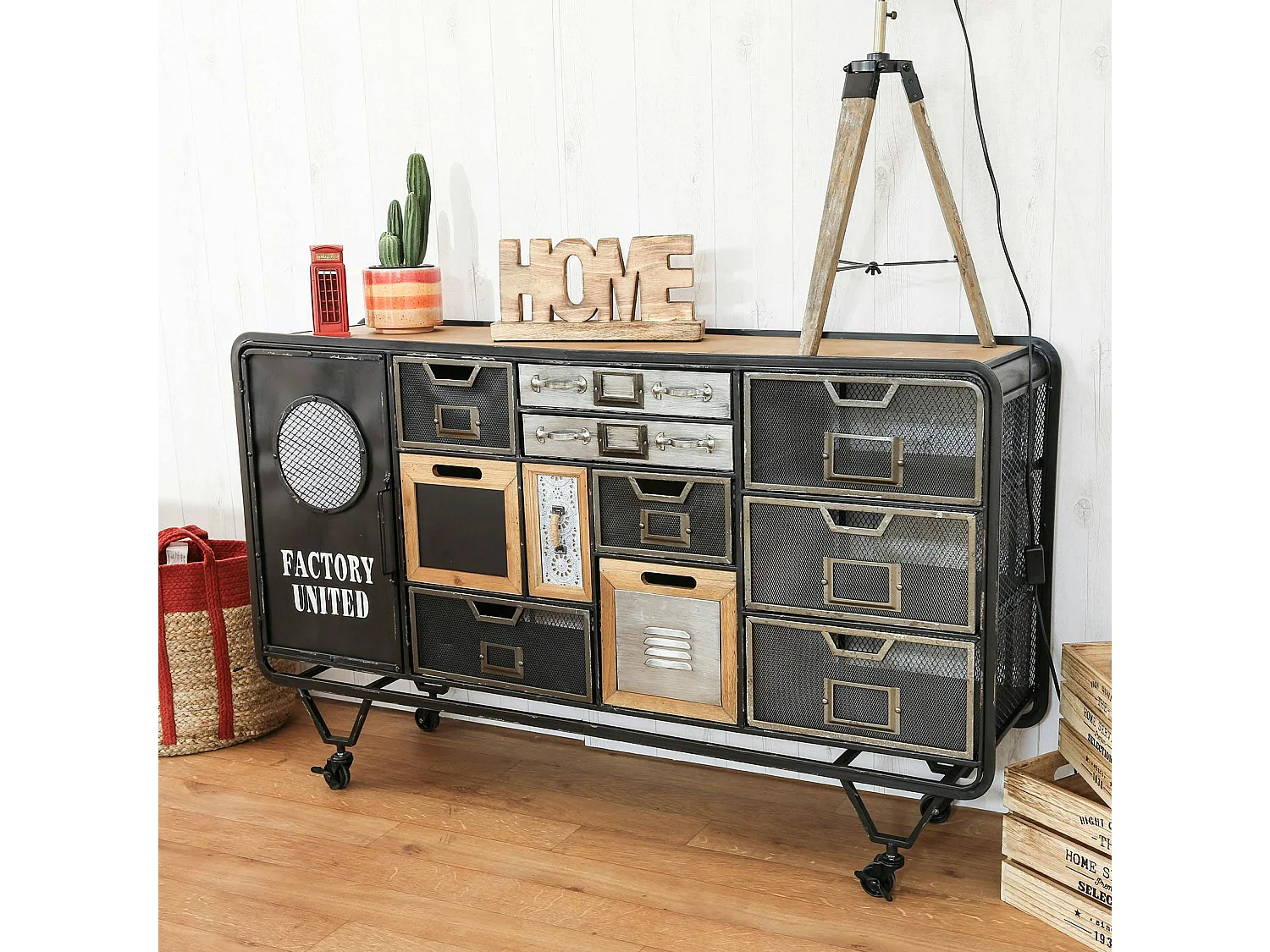 Commode industrielle métal bois sur roulettes Lamphun