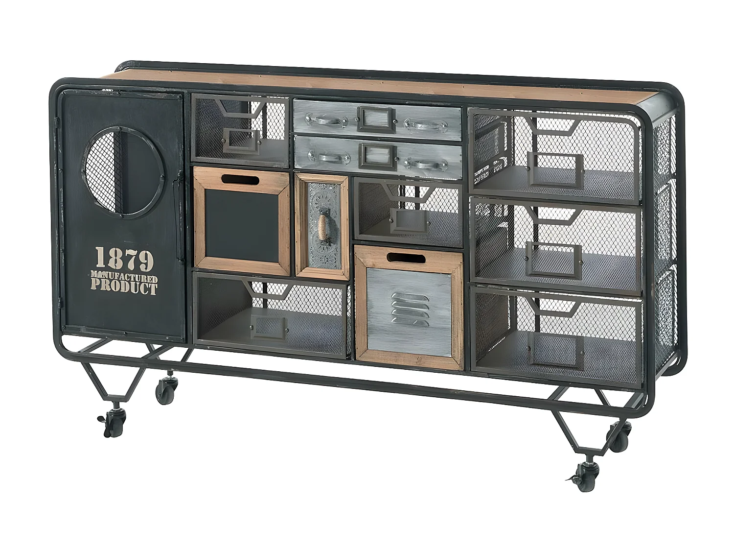 Commode industrielle métal bois sur roulettes Lamphun