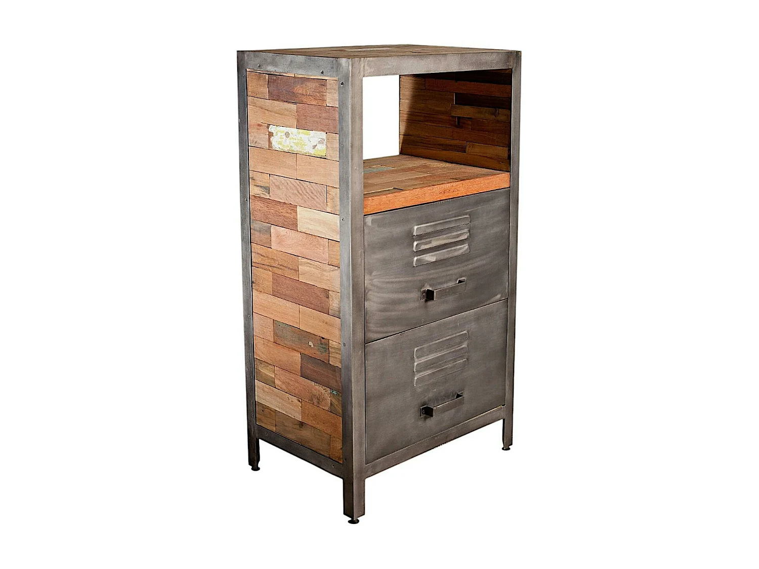Meuble de rangement bois recyclé 1 niche et 2 tiroirs métal 60x40x110cm CARAVELLE