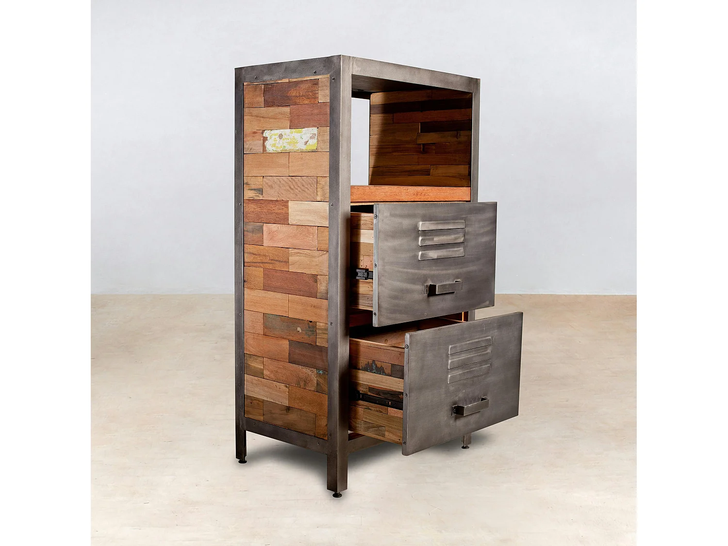 Meuble de rangement bois recyclé 1 niche et 2 tiroirs métal 60x40x110cm CARAVELLE