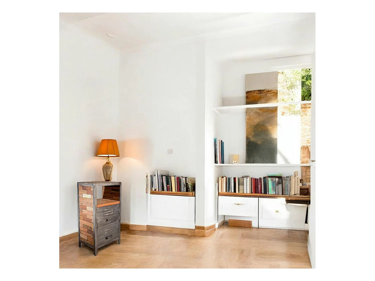Meuble de rangement bois recyclé 1 niche et 2 tiroirs métal 60x40x110cm CARAVELLE