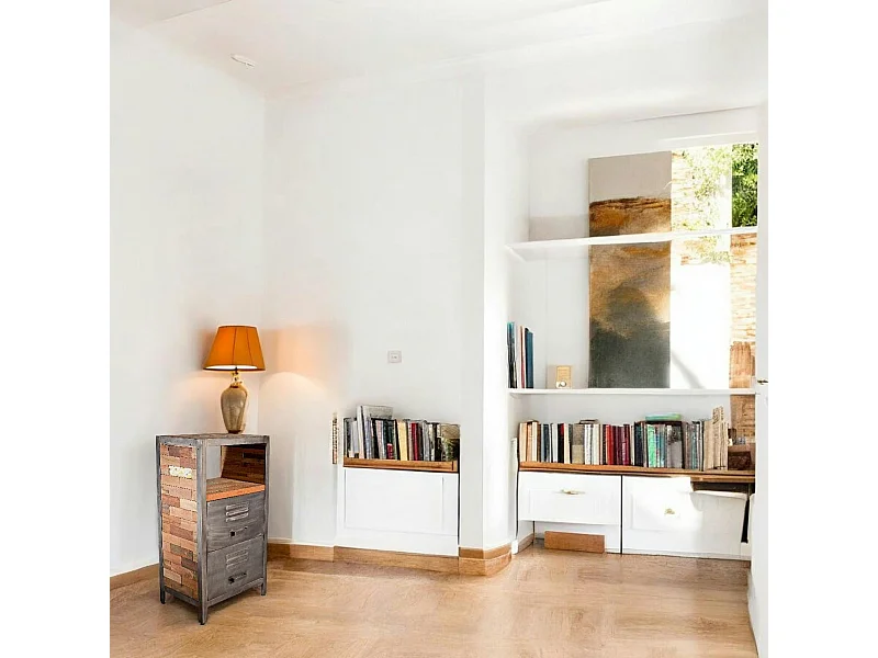 Meuble de rangement bois recyclé 1 niche et 2 tiroirs métal 60x40x110cm CARAVELLE