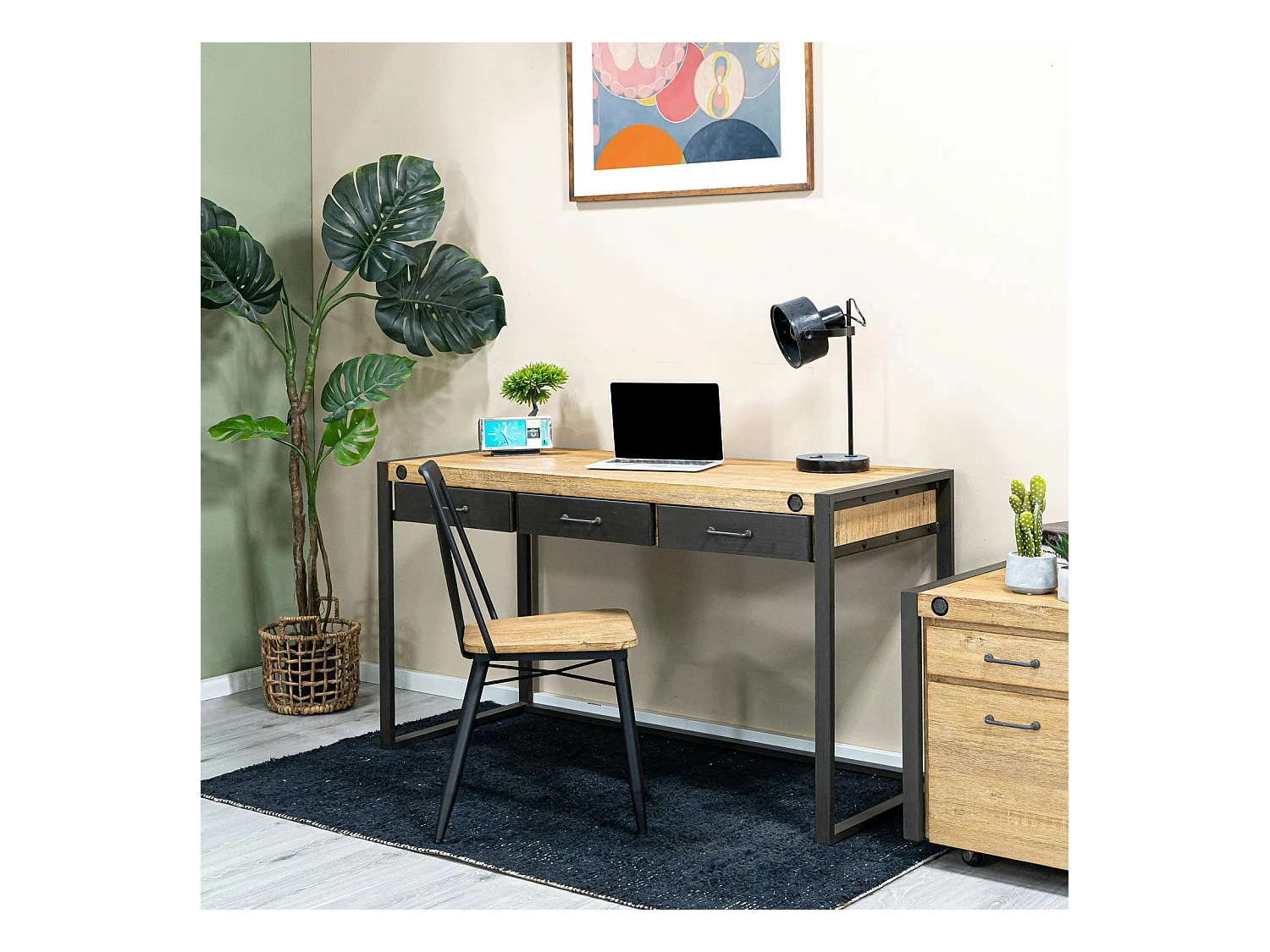 Bureau Inspiration Indus' en Acacia et Métal 3 tiroirs métal 140x60x78,5cm BROOKLYN