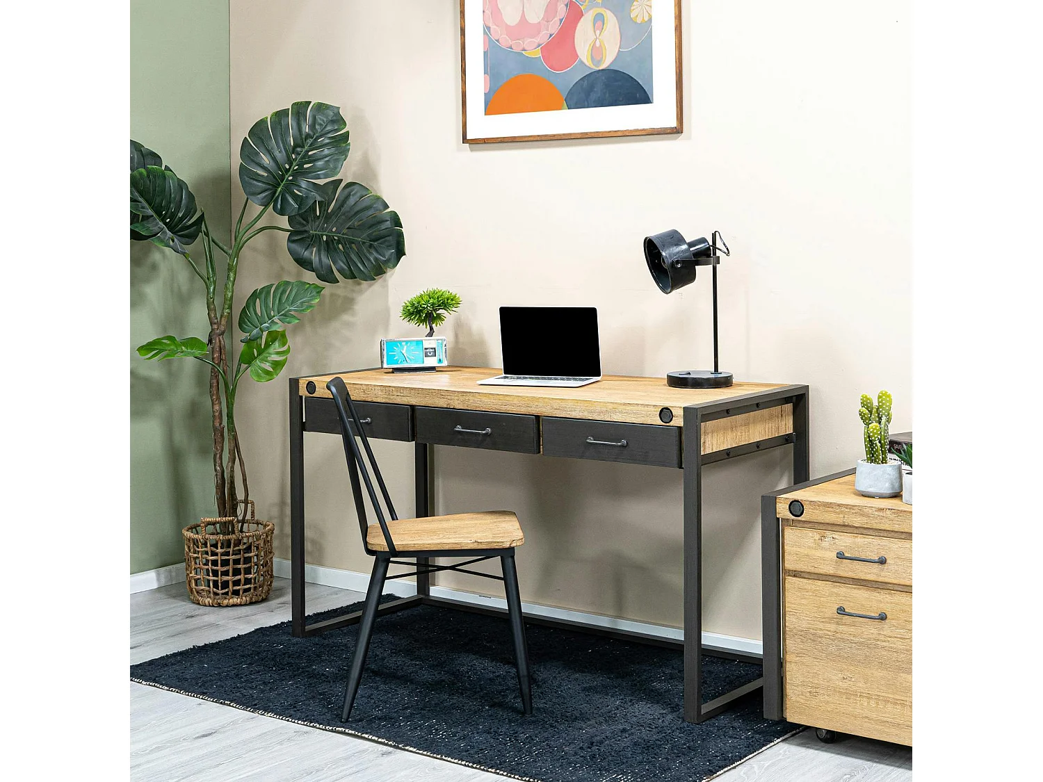 Bureau Inspiration Indus' en Acacia et Métal 3 tiroirs métal 140x60x78,5cm BROOKLYN