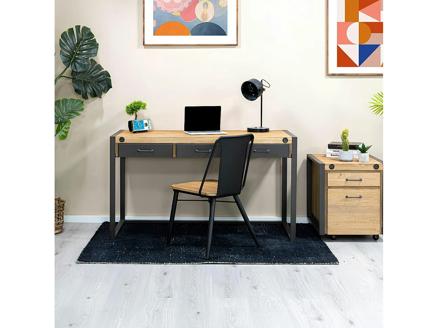 Bureau Inspiration Indus' en Acacia et Métal 3 tiroirs métal 140x60x78,5cm BROOKLYN