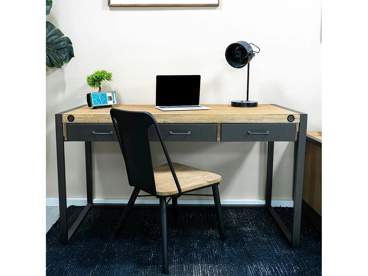 Bureau Inspiration Indus' en Acacia et Métal 3 tiroirs métal 140x60x78,5cm BROOKLYN