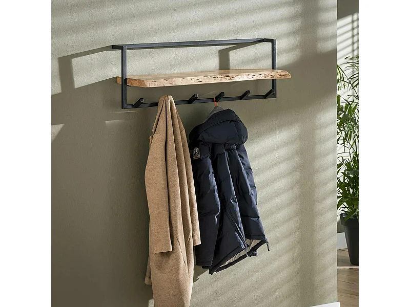 Patère murale bois métal 6 crochets 1 étagère MELBOURNE