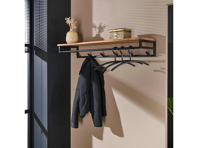 Portemanteau mural en bois d'acacia 6 patères + 1 tringle TRIBECA