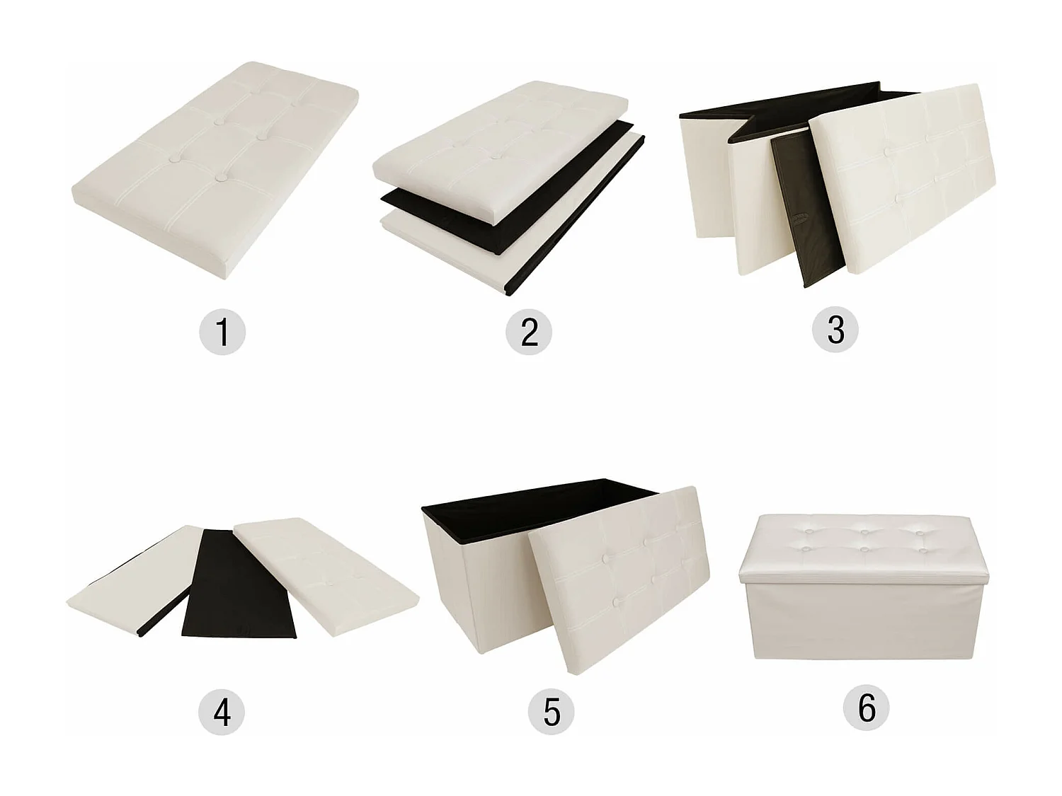 Mobili Rebecca Pouf Coffre de rangement Rectangle Beige Blanc Stokage 38x76x38