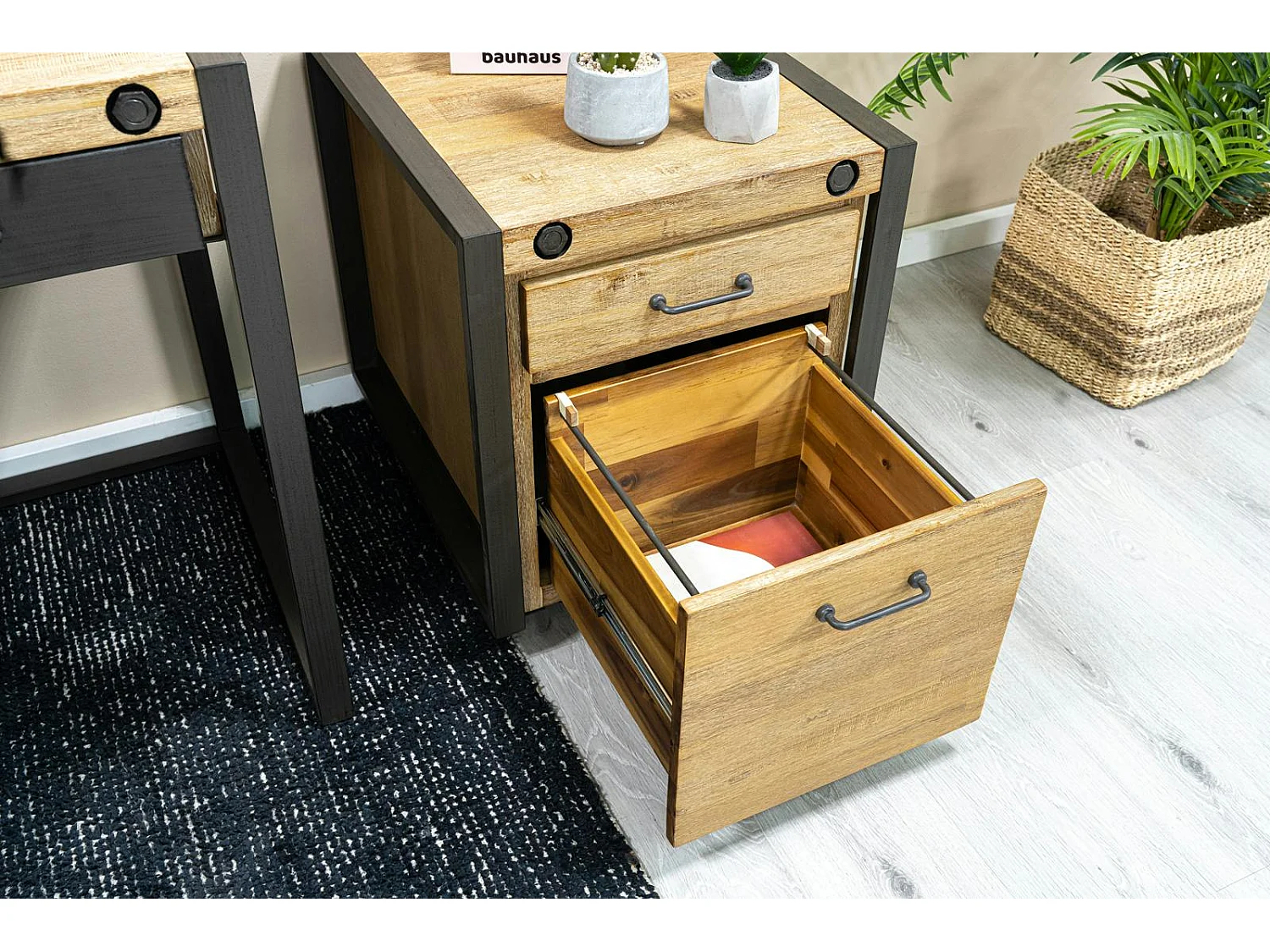 Meuble bas / Caisson de Bureau à roulettes Inspiration Indus' en Acacia et Métal, 2 tiroirs 51x60x60cm BROOKLYN