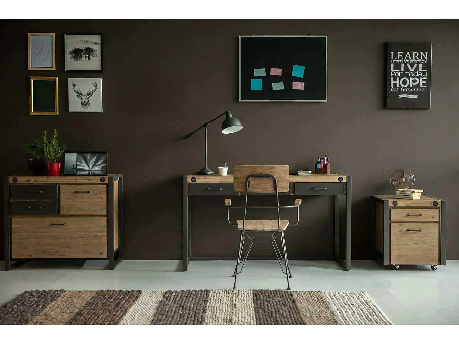 Meuble bas / Caisson de Bureau à roulettes Inspiration Indus' en Acacia et Métal, 2 tiroirs 51x60x60cm BROOKLYN