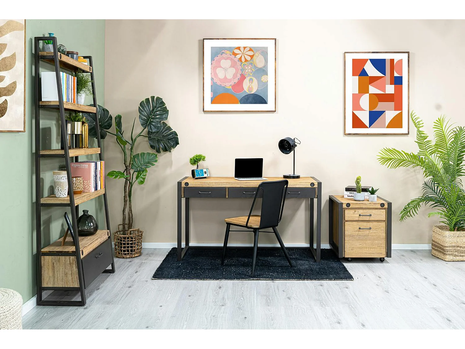 Meuble bas / Caisson de Bureau à roulettes Inspiration Indus' en Acacia et Métal, 2 tiroirs 51x60x60cm BROOKLYN