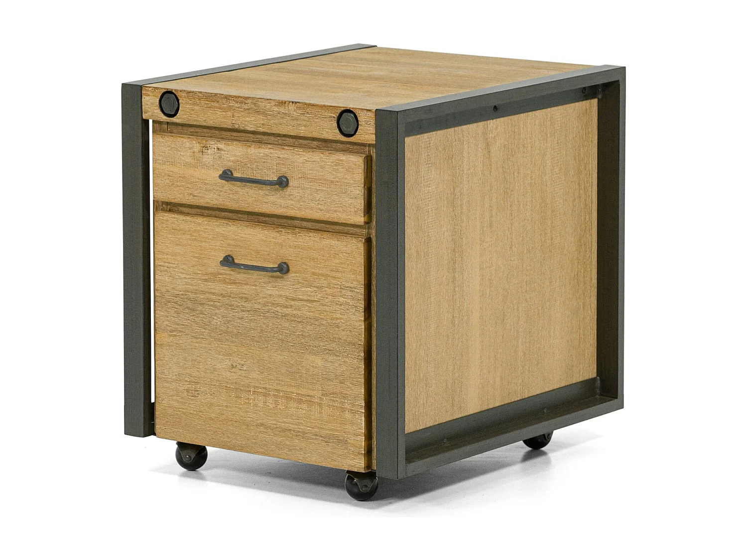 Meuble bas / Caisson de Bureau à roulettes Inspiration Indus' en Acacia et Métal, 2 tiroirs 51x60x60cm BROOKLYN