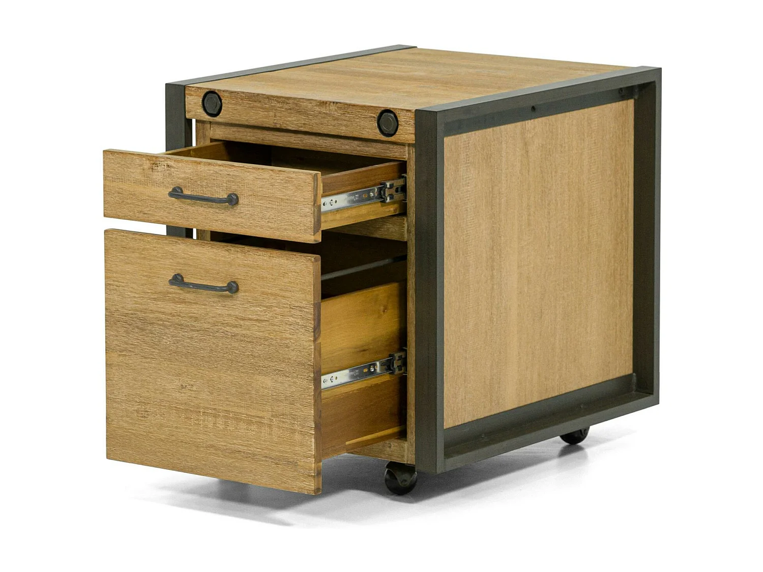 Meuble bas / Caisson de Bureau à roulettes Inspiration Indus' en Acacia et Métal, 2 tiroirs 51x60x60cm BROOKLYN
