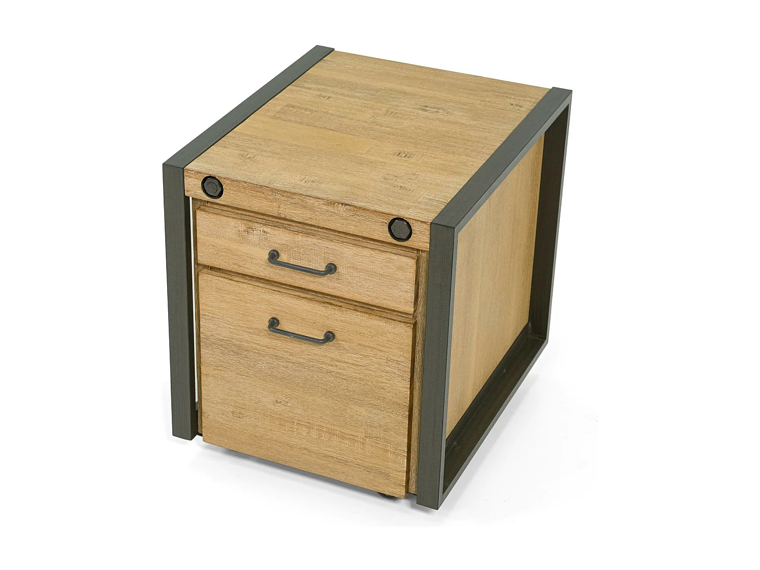 Meuble bas / Caisson de Bureau à roulettes Inspiration Indus' en Acacia et Métal, 2 tiroirs 51x60x60cm BROOKLYN