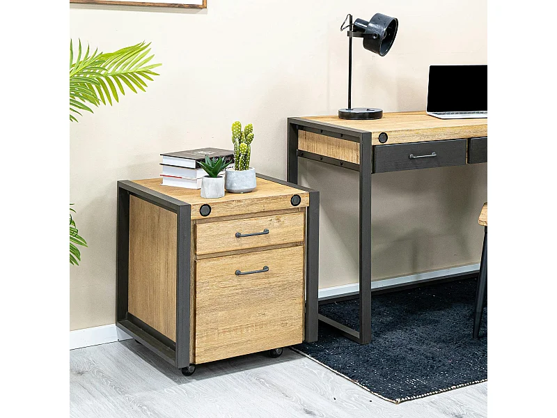 Meuble bas / Caisson de Bureau à roulettes Inspiration Indus' en Acacia et Métal, 2 tiroirs 51x60x60cm BROOKLYN