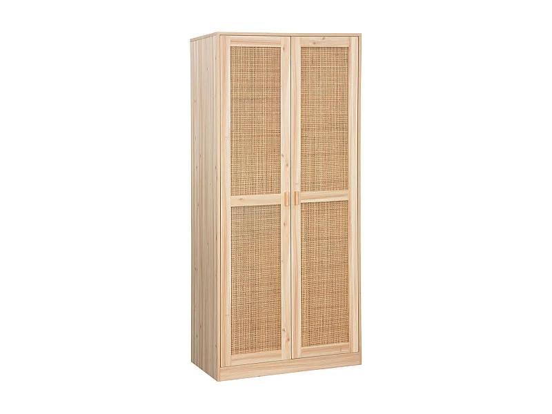 Armoire dressing cannage et effet bois. 2 portes avec penderie et rangements