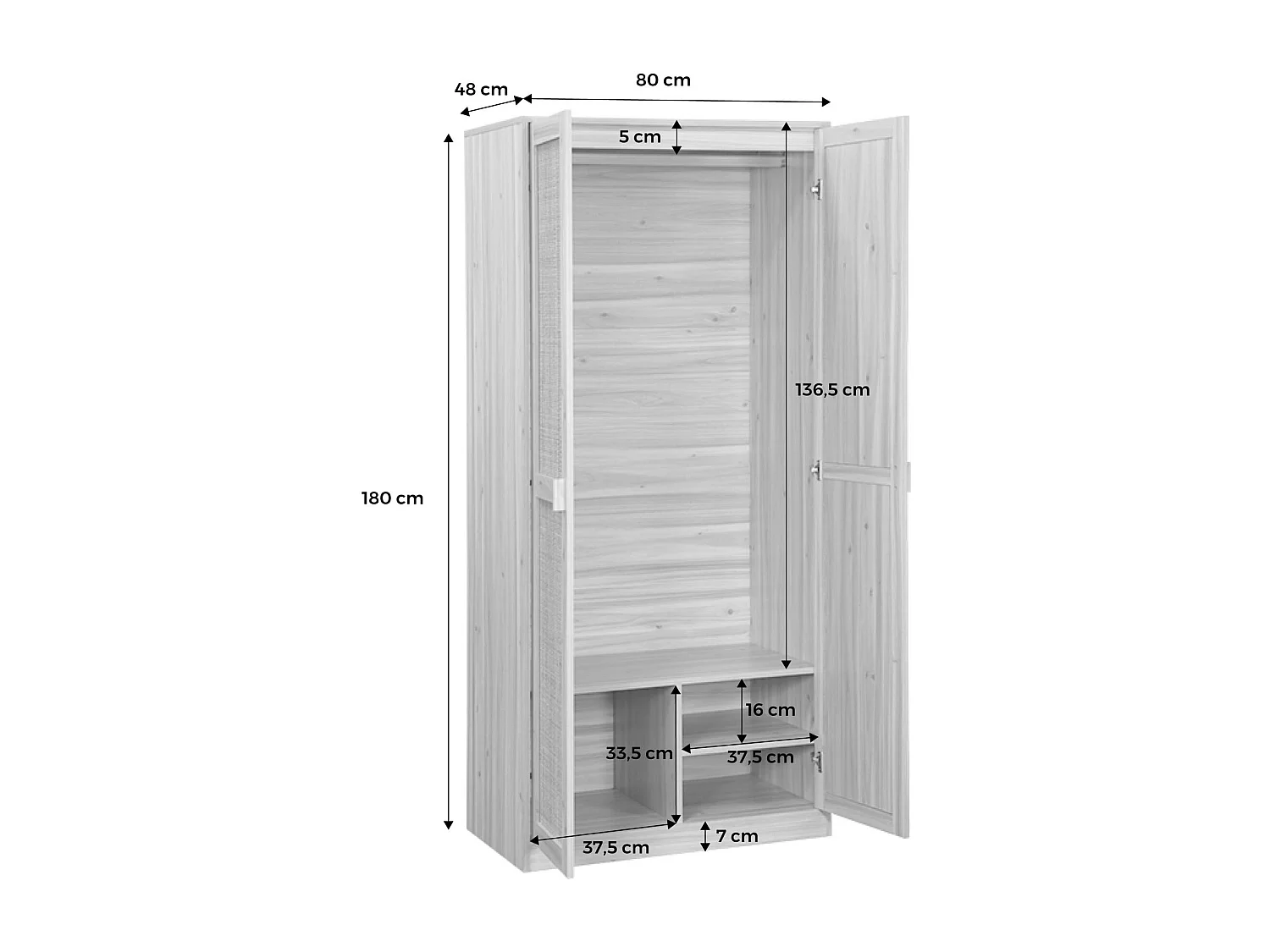 Armoire dressing cannage et effet bois. 2 portes avec penderie et rangements